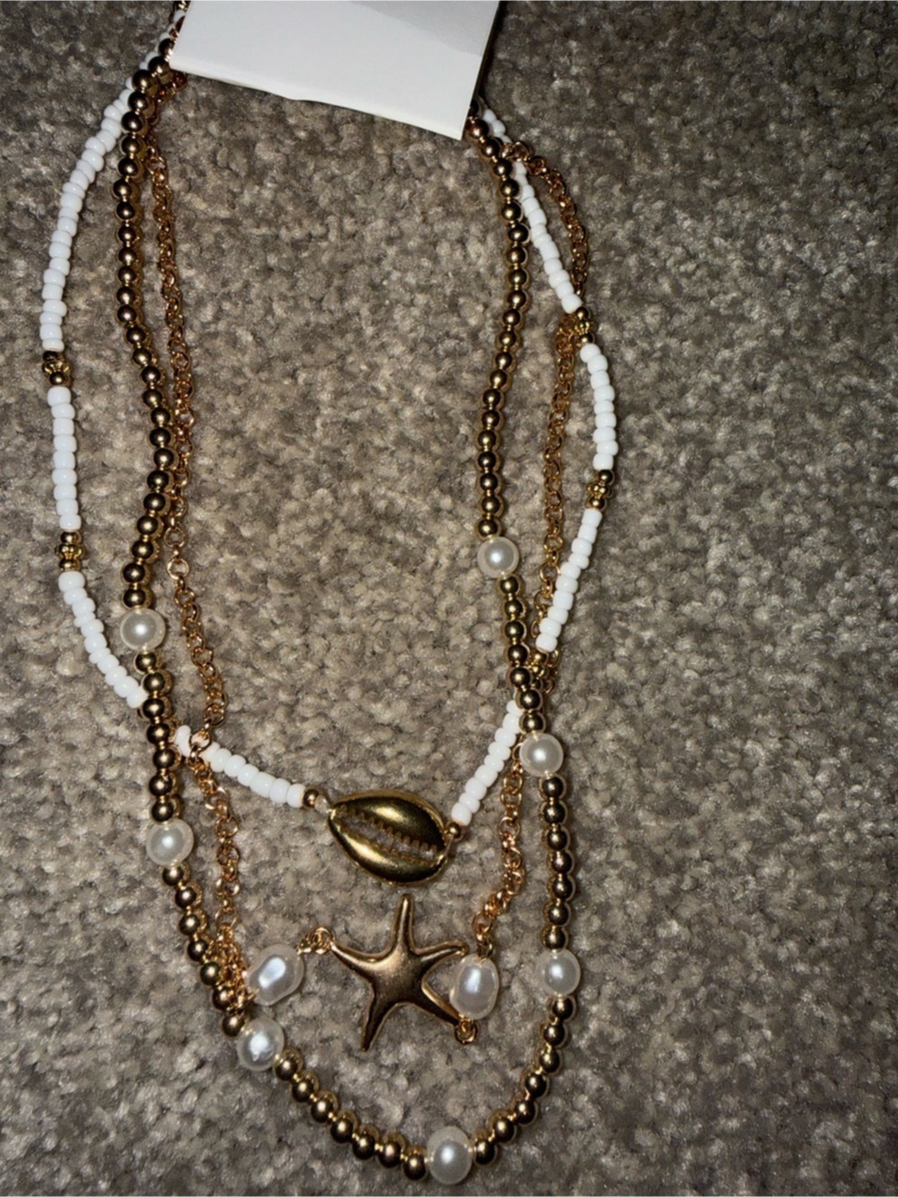 NWT- 3-Piece Coastal Boho Gold Tone Starfish Shell Pearl Necklace Set